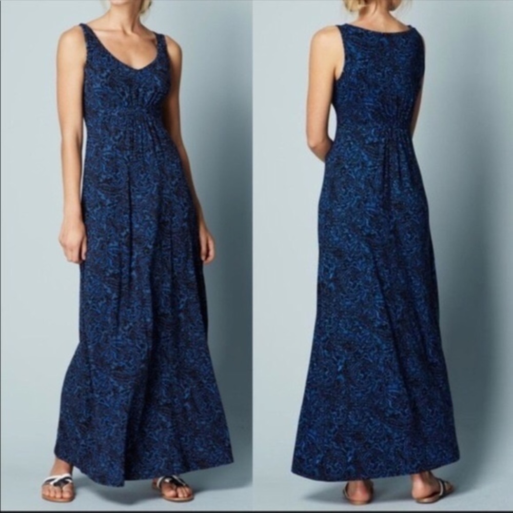 Boden Paisley Maxi Dress 10 Women’s Blue Black Sleeveless Flowy V-Neck Ruched